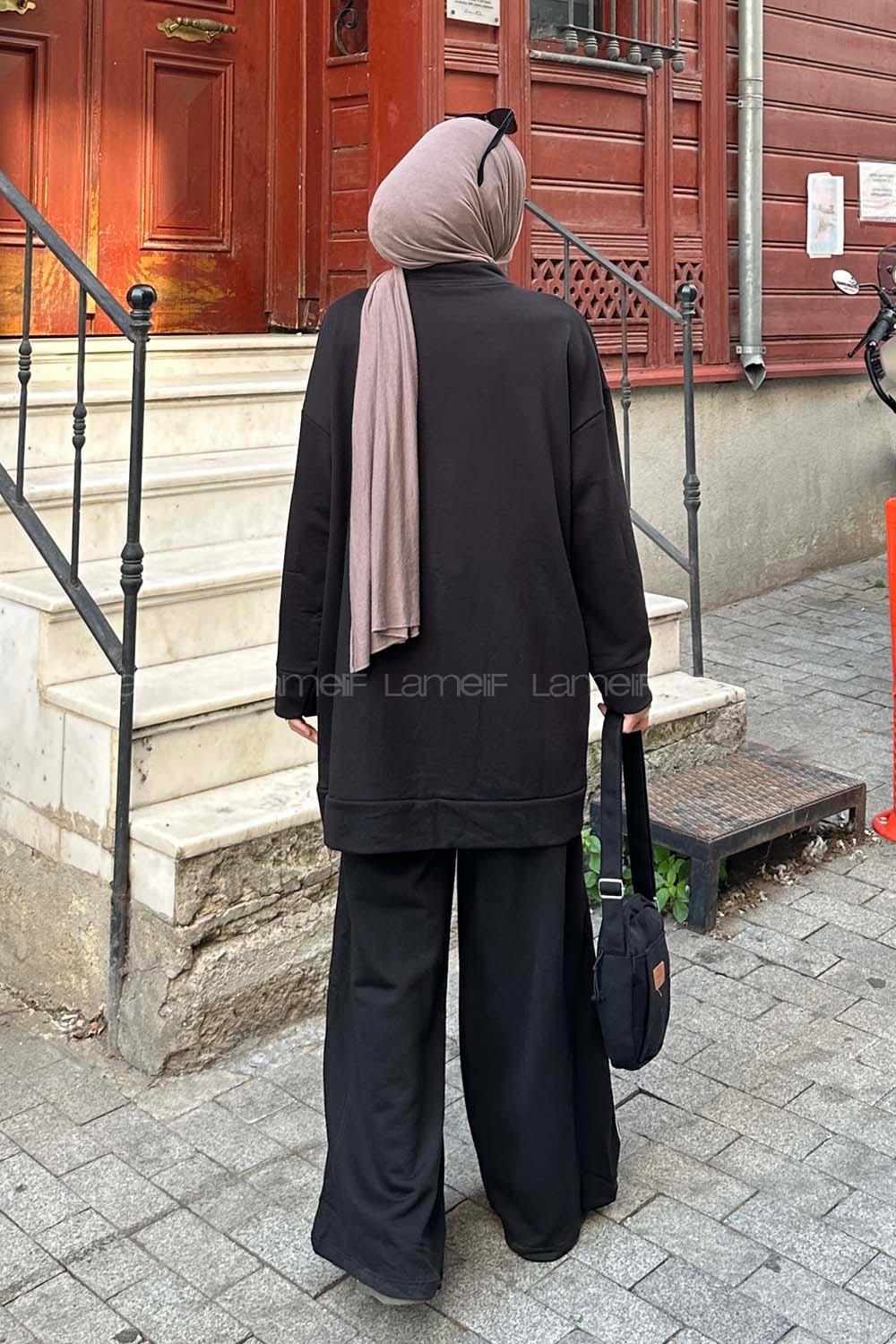 Lamelif MIU Kurdeleli Fermuarlı İkili Tesettür Takım Siyah