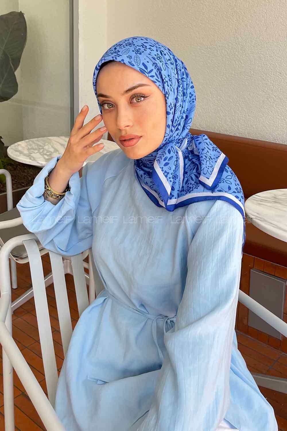 Lamelif Zambak Desen Pamuk Eşarp Kot Mavisi