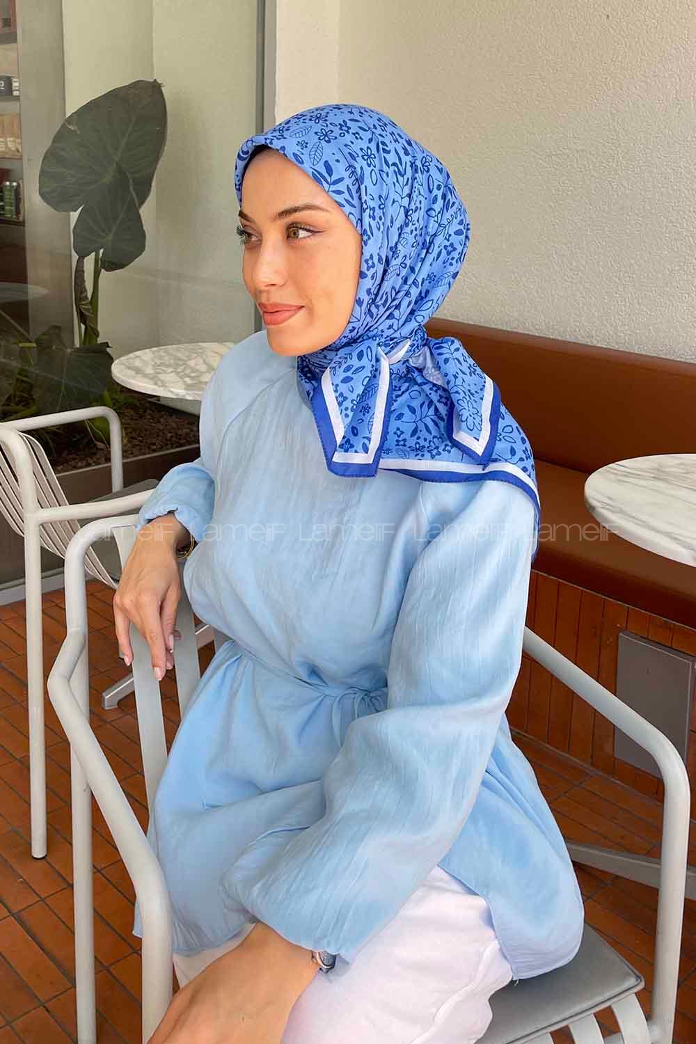 Lamelif Zambak Desen Pamuk Eşarp Kot Mavisi