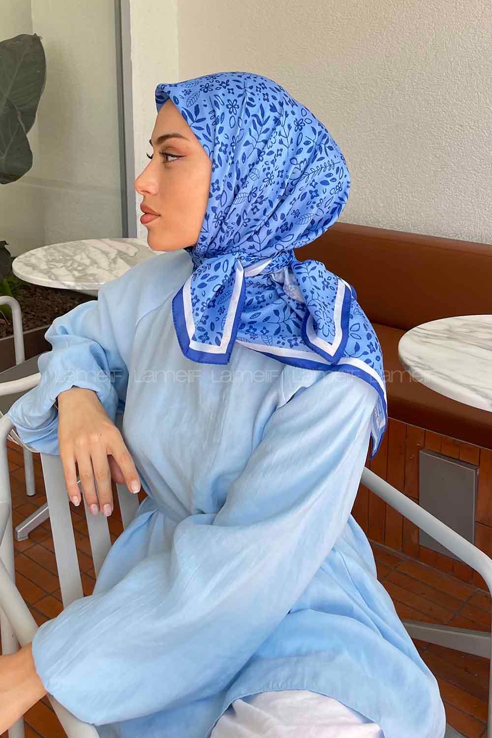 Lamelif Zambak Desen Pamuk Eşarp Kot Mavisi