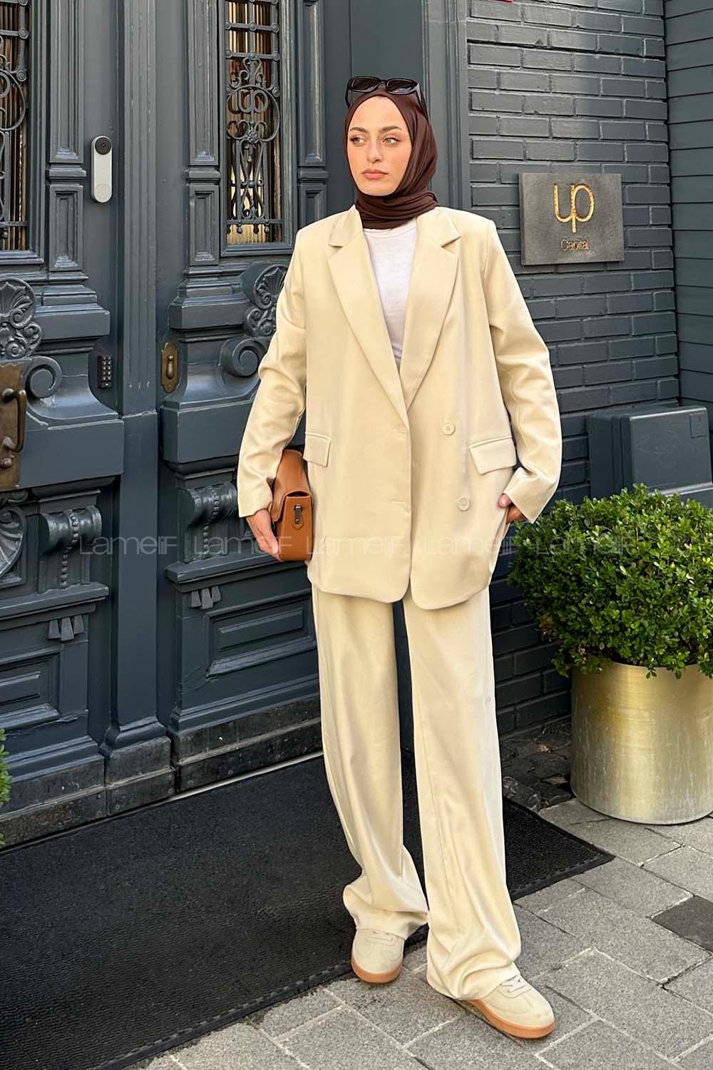 Lamelif Blazer Ceket Tesettür Takım Krem