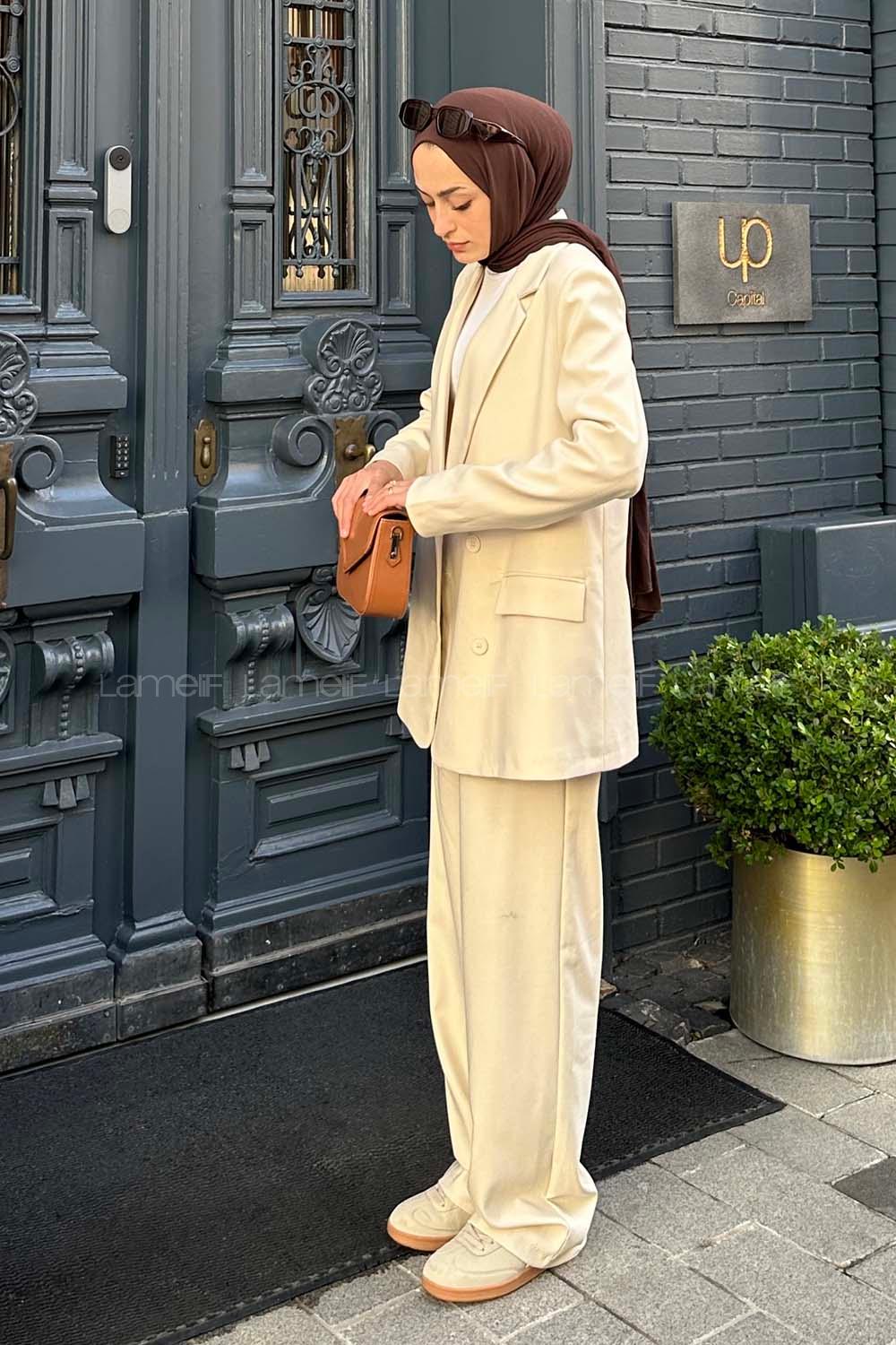 Lamelif Blazer Ceket Tesettür Takım Krem