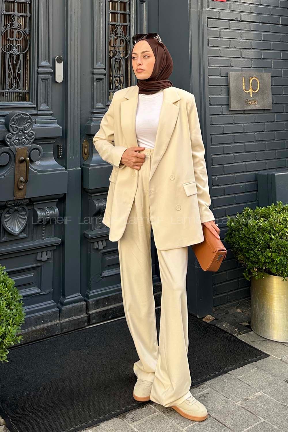 Lamelif Blazer Ceket Tesettür Takım Krem