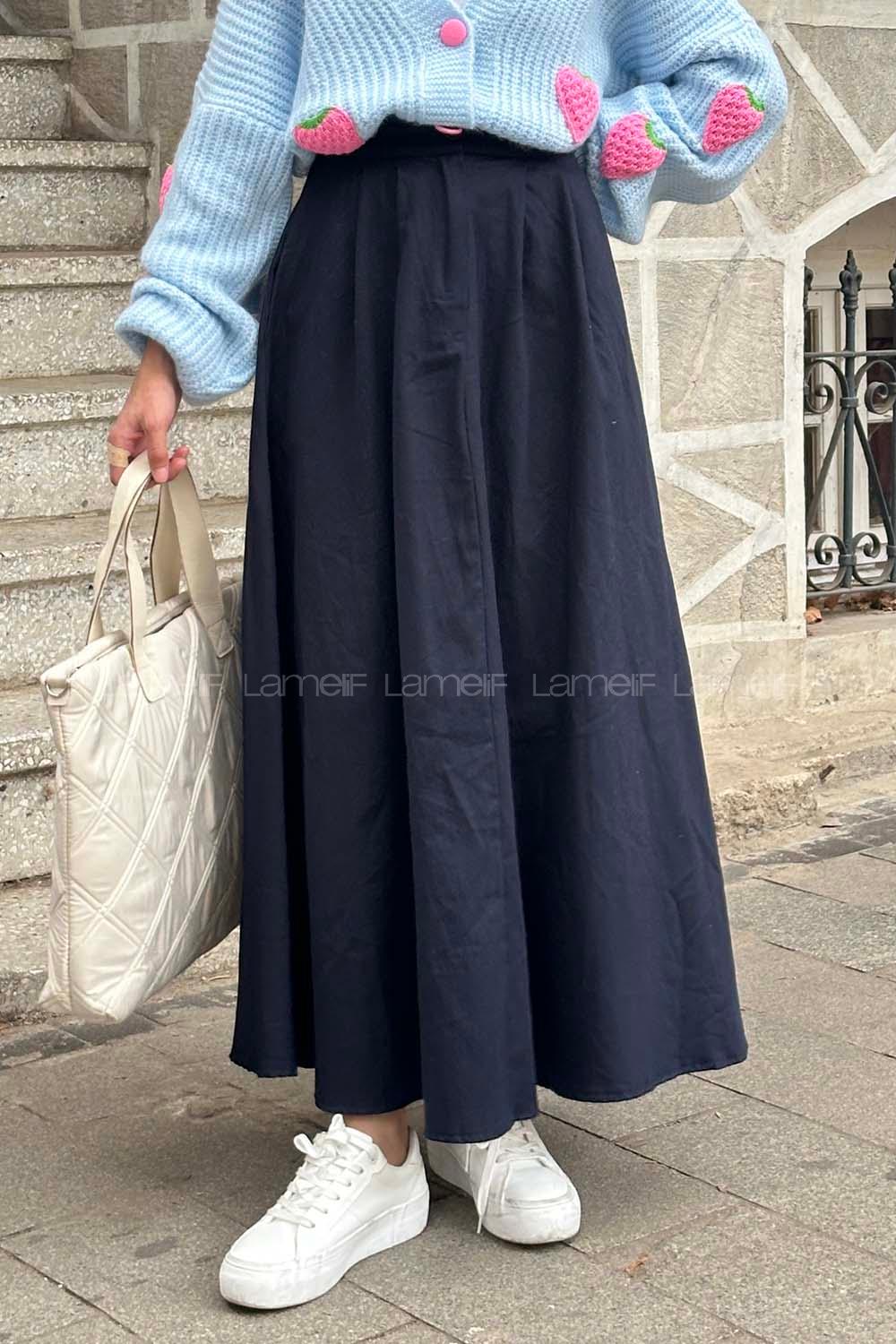 Lamelif Cep Detaylı Kloş Keten Etek Lacivert