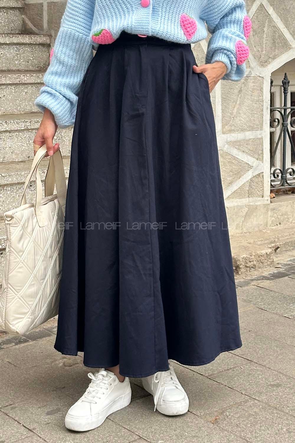 Lamelif Cep Detaylı Kloş Keten Etek Lacivert