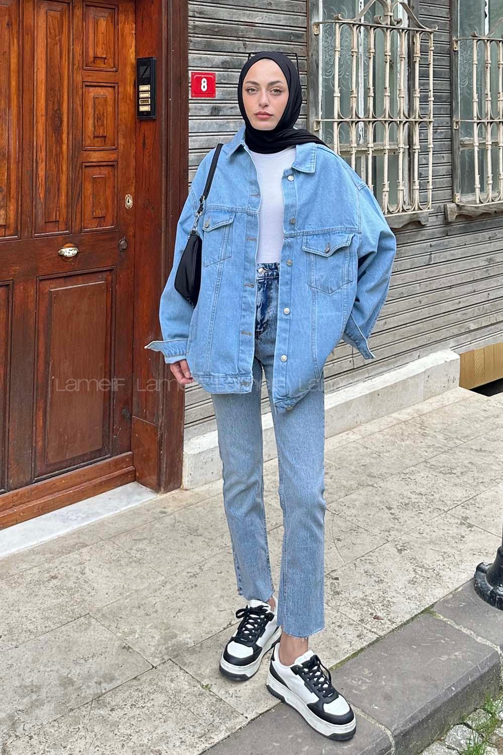 Lamelif Çift Cepli Oversize Ceket Buz Mavi