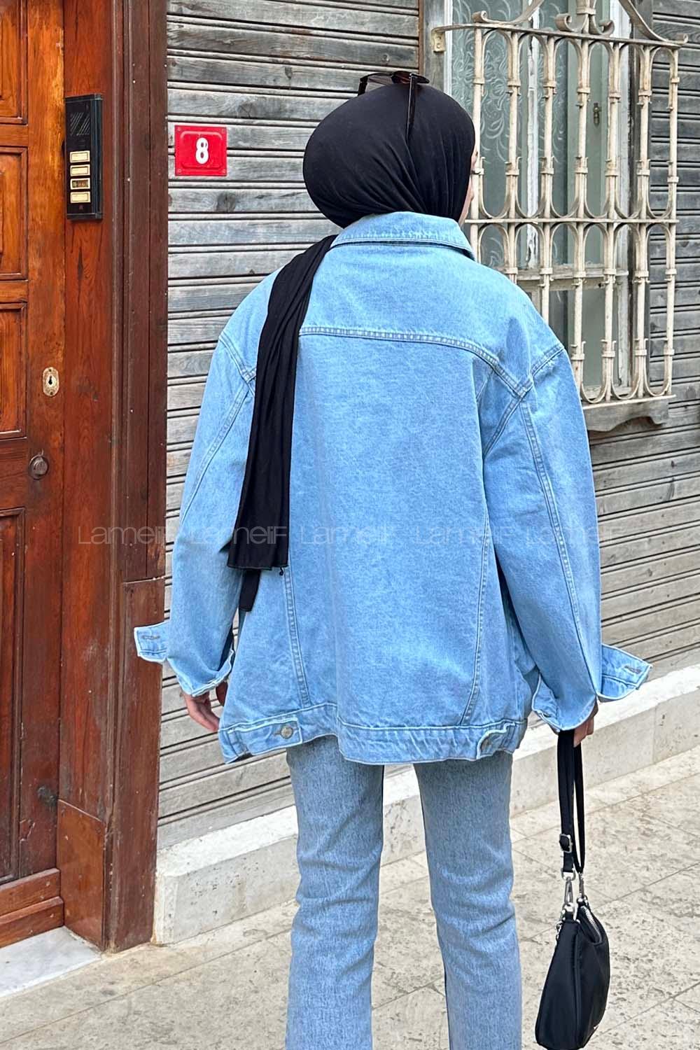 Lamelif Çift Cepli Oversize Ceket Buz Mavi