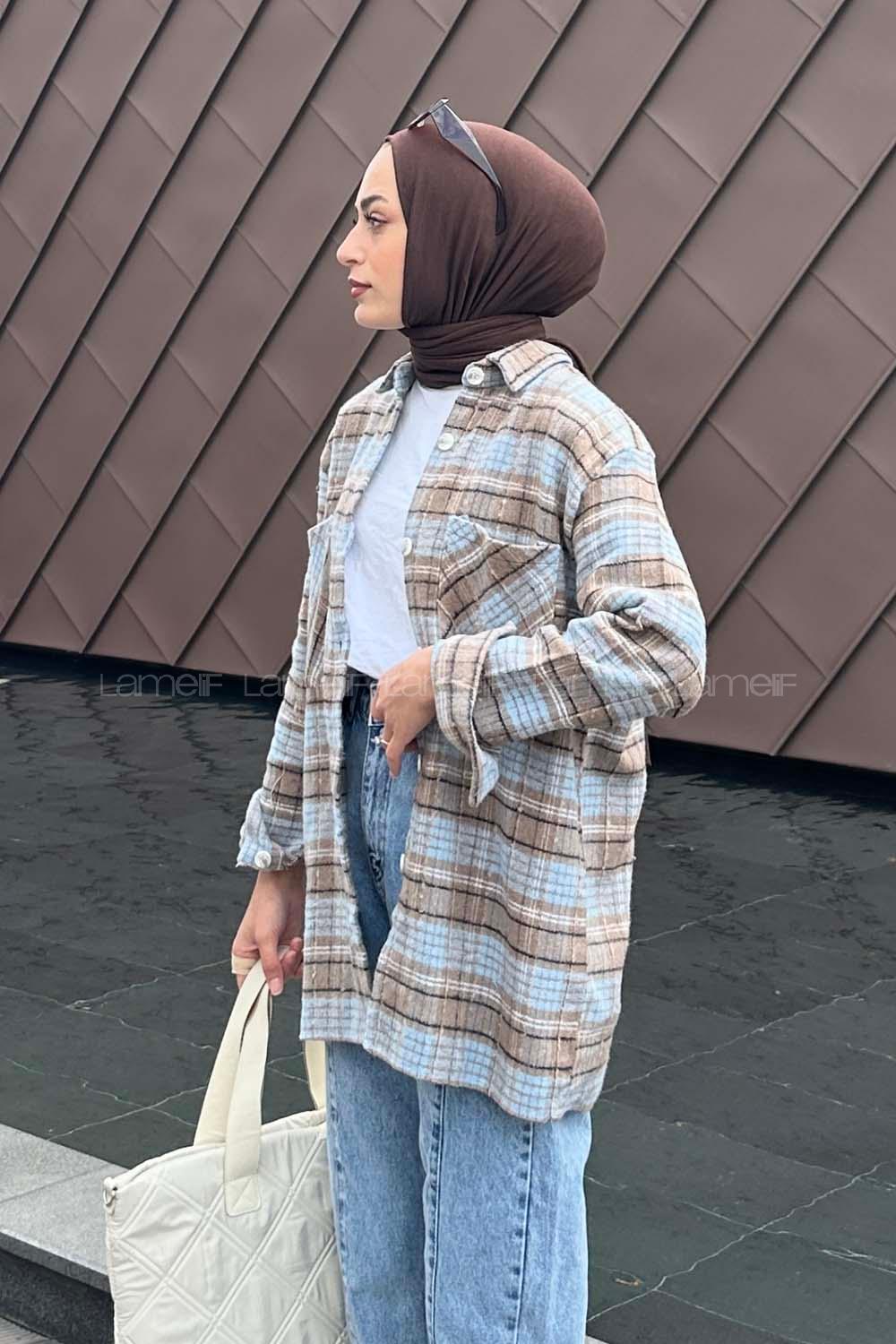 Lamelif Ekose Desen Çift Cep Detaylı  Oduncu Gömlek Vizonrengi