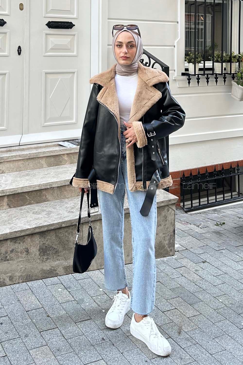 Black Brown Zippered Neck Long Arm Coat