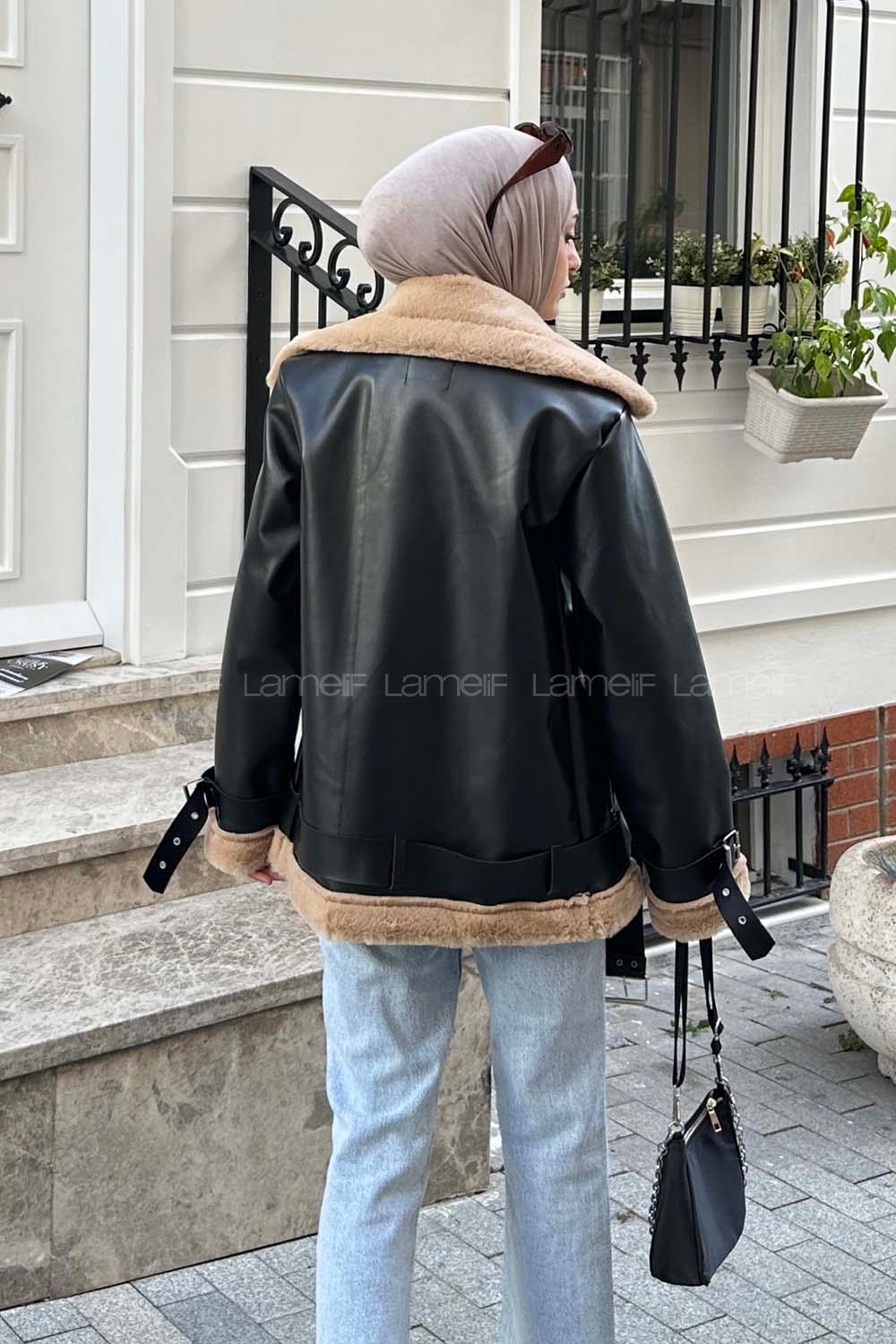 Black Brown Zippered Neck Long Arm Coat