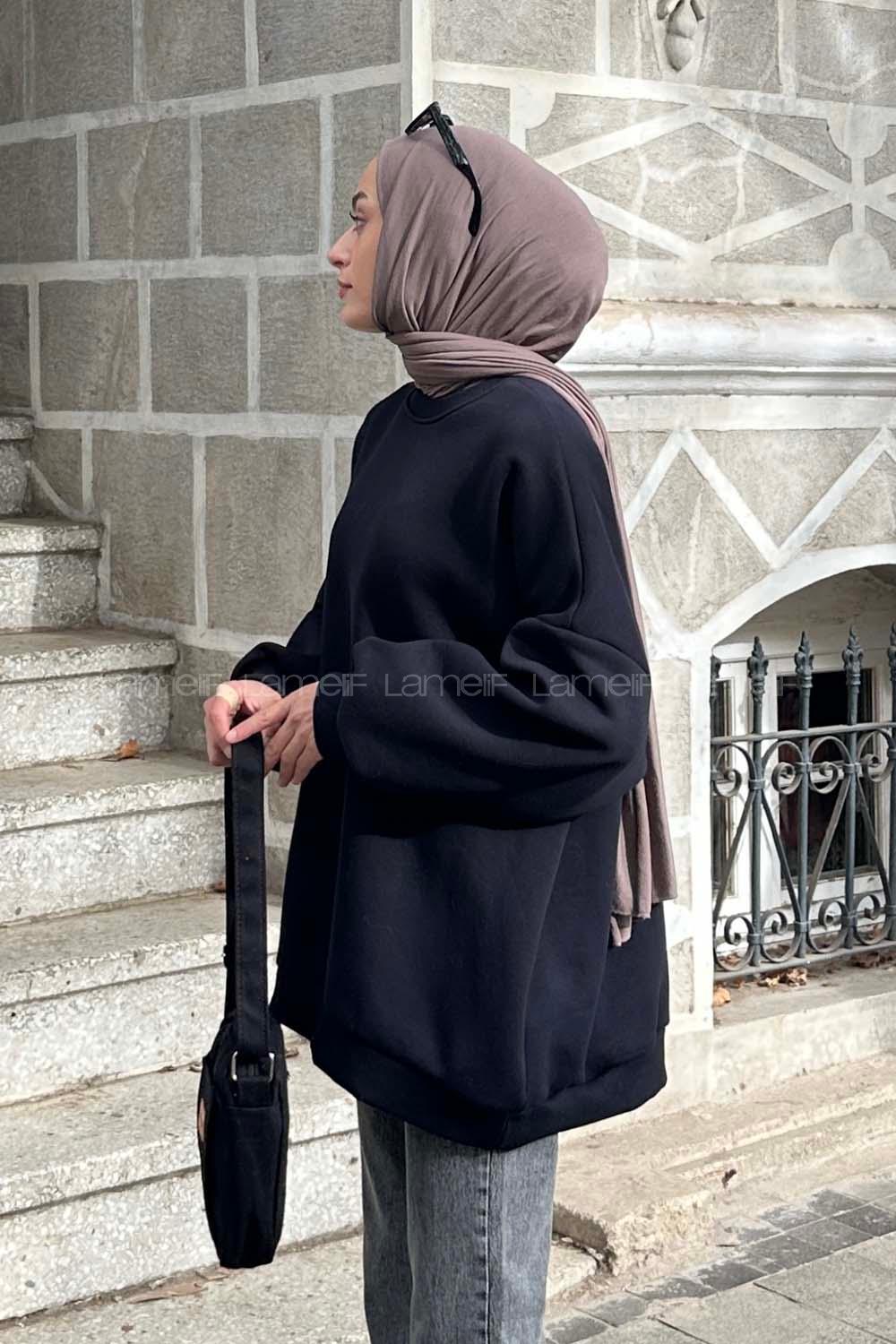 Lamelif Jasmin Bisiklet Yaka Oversize Sweat Koyu Lacivert