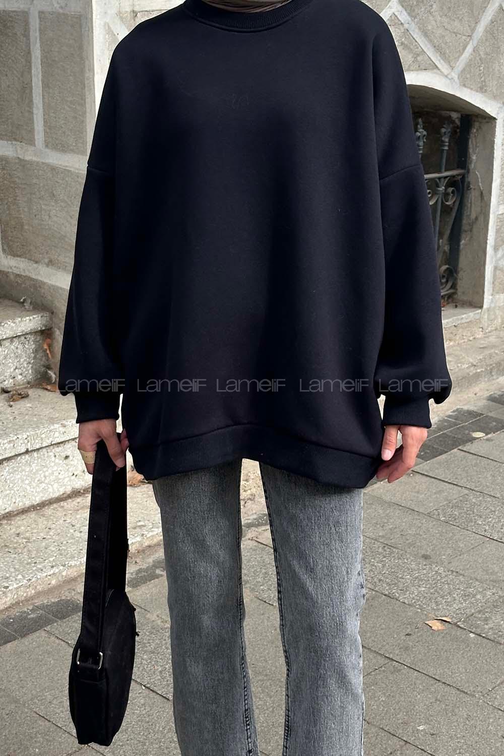 Lamelif Jasmin Bisiklet Yaka Oversize Sweat Koyu Lacivert