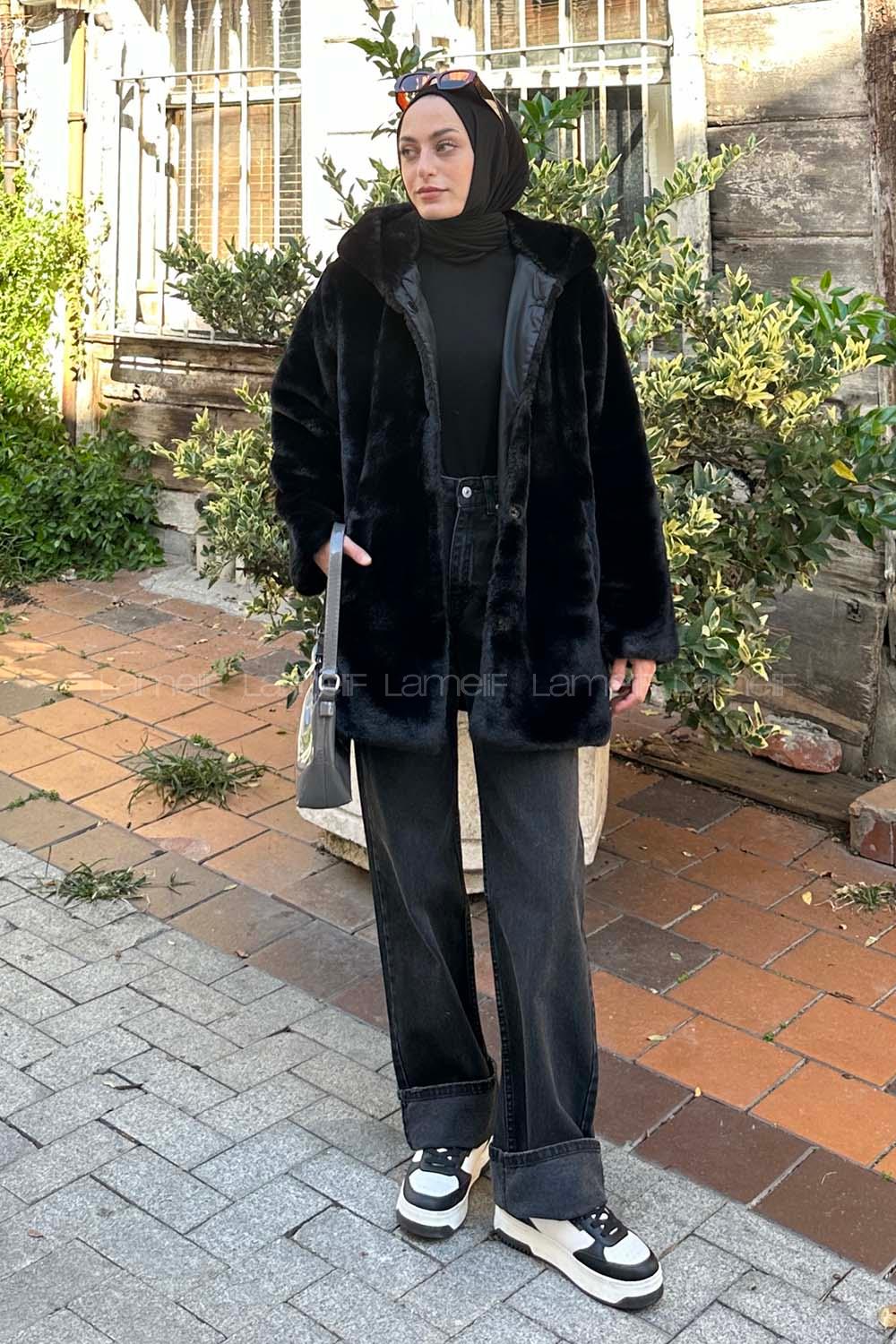 Lamelif Kapüşonlu Suni Kürk Mont Siyah
