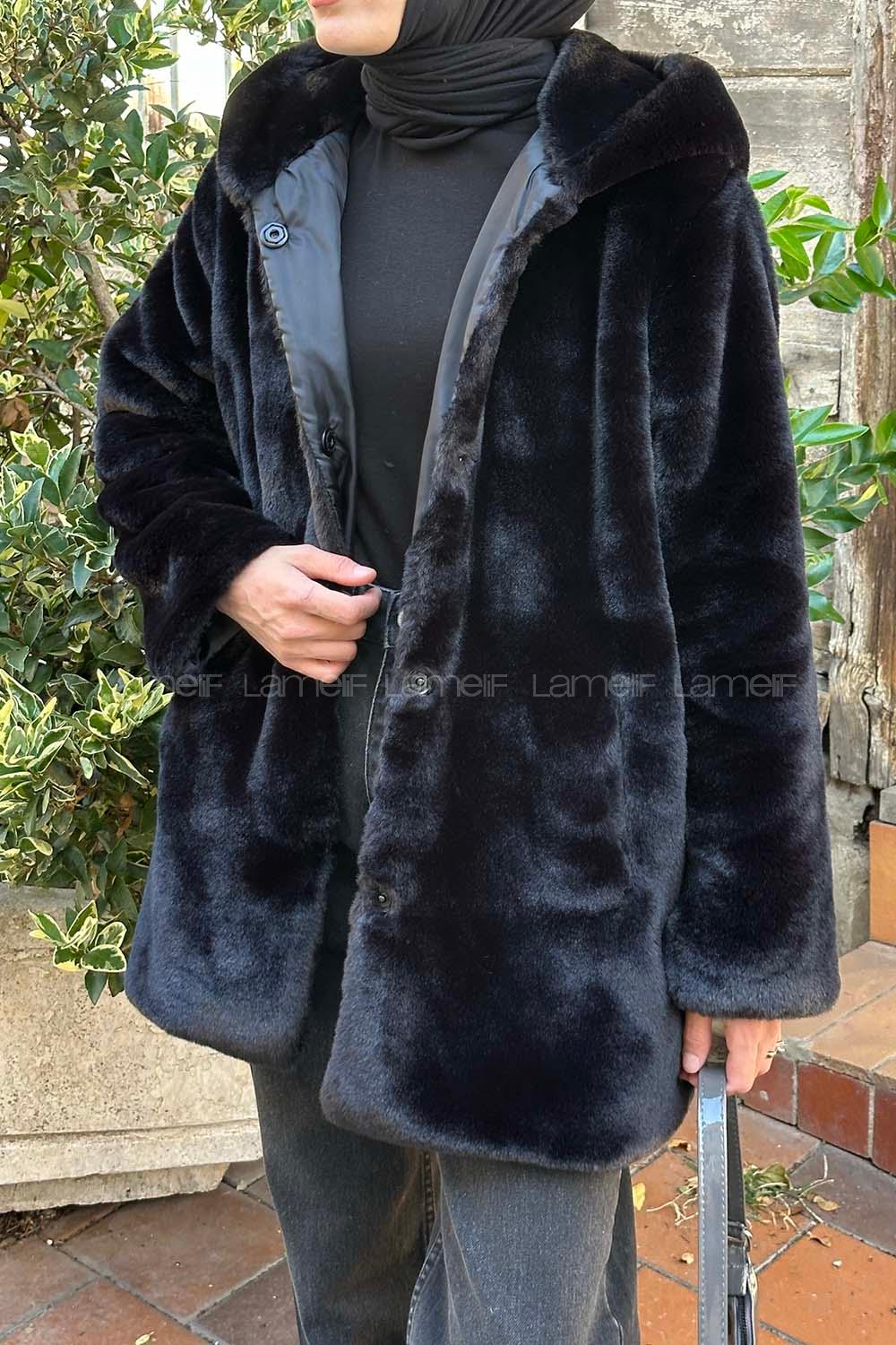 Lamelif Kapüşonlu Suni Kürk Mont Siyah
