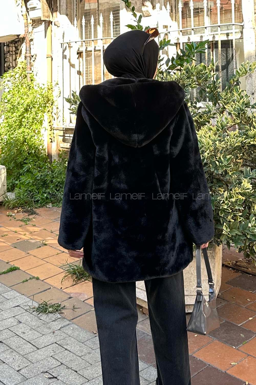 Lamelif Kapüşonlu Suni Kürk Mont Siyah