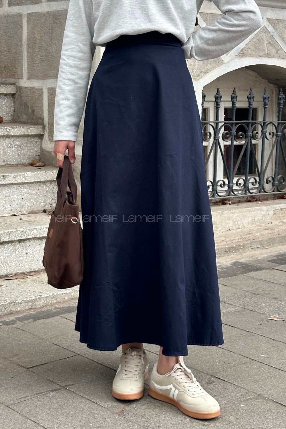 Navy Blue Gabardin Unprinted Flare Skirt
