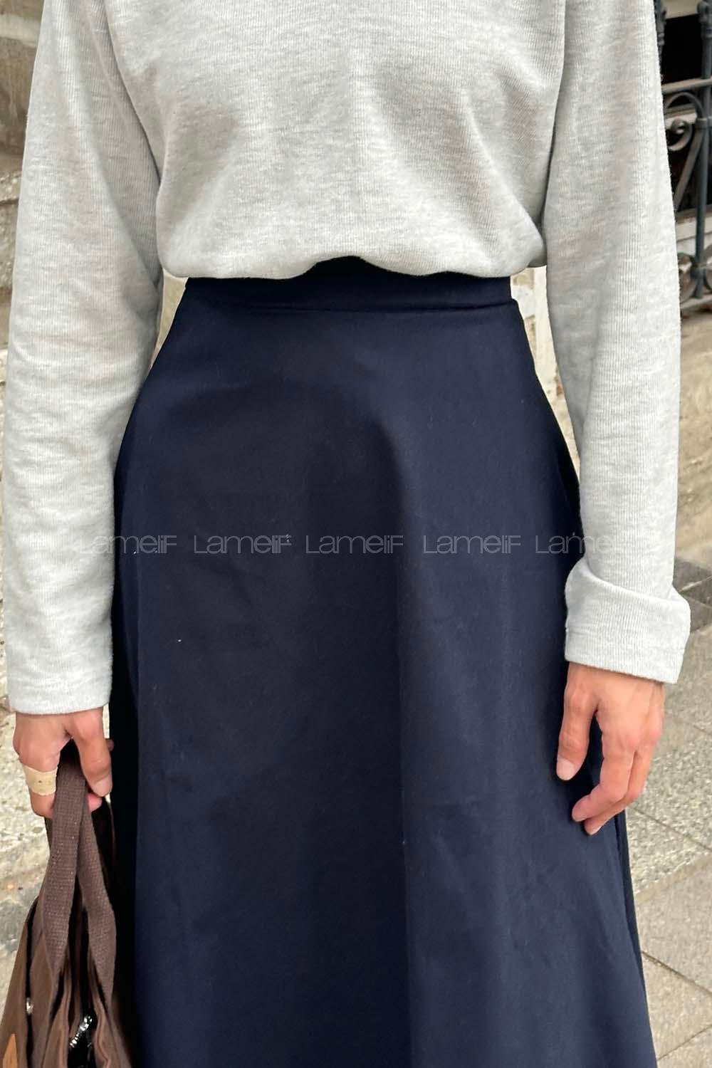 Navy Blue Gabardin Unprinted Flare Skirt