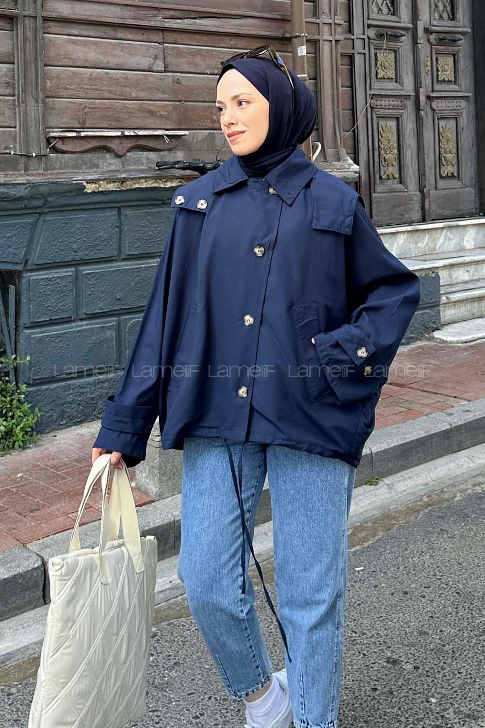 Lamelif Yarasa Kol Kapüşonlu Özel Tasarım Trenç Lacivert