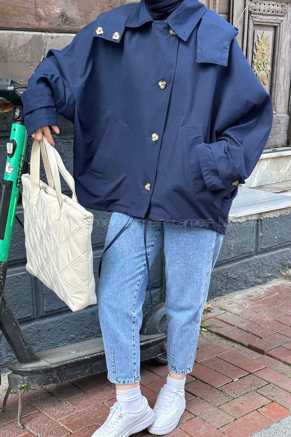 Lamelif Yarasa Kol Kapüşonlu Özel Tasarım Trenç Lacivert