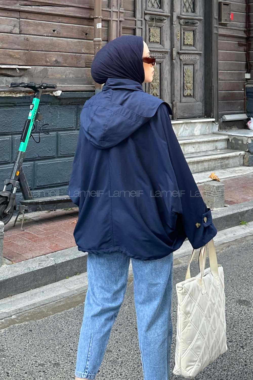 Lamelif Yarasa Kol Kapüşonlu Özel Tasarım Trenç Lacivert