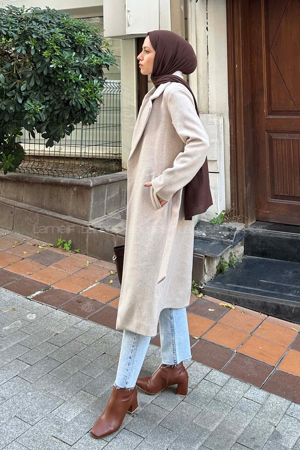 Lamelif Kuşak Bağlama Detaylı Kaşe Kaban Bej