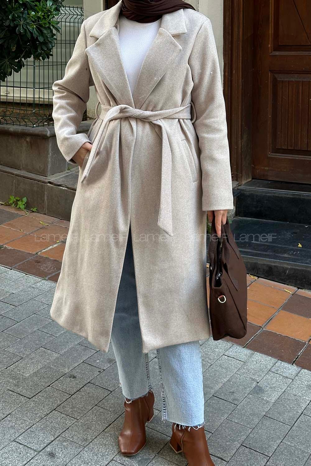 Lamelif Kuşak Bağlama Detaylı Kaşe Kaban Bej