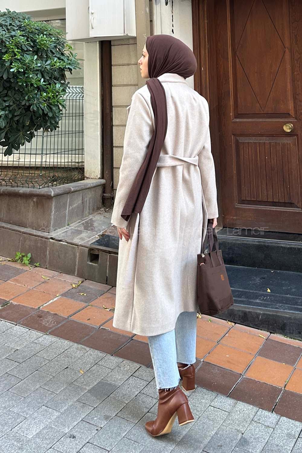 Lamelif Kuşak Bağlama Detaylı Kaşe Kaban Bej