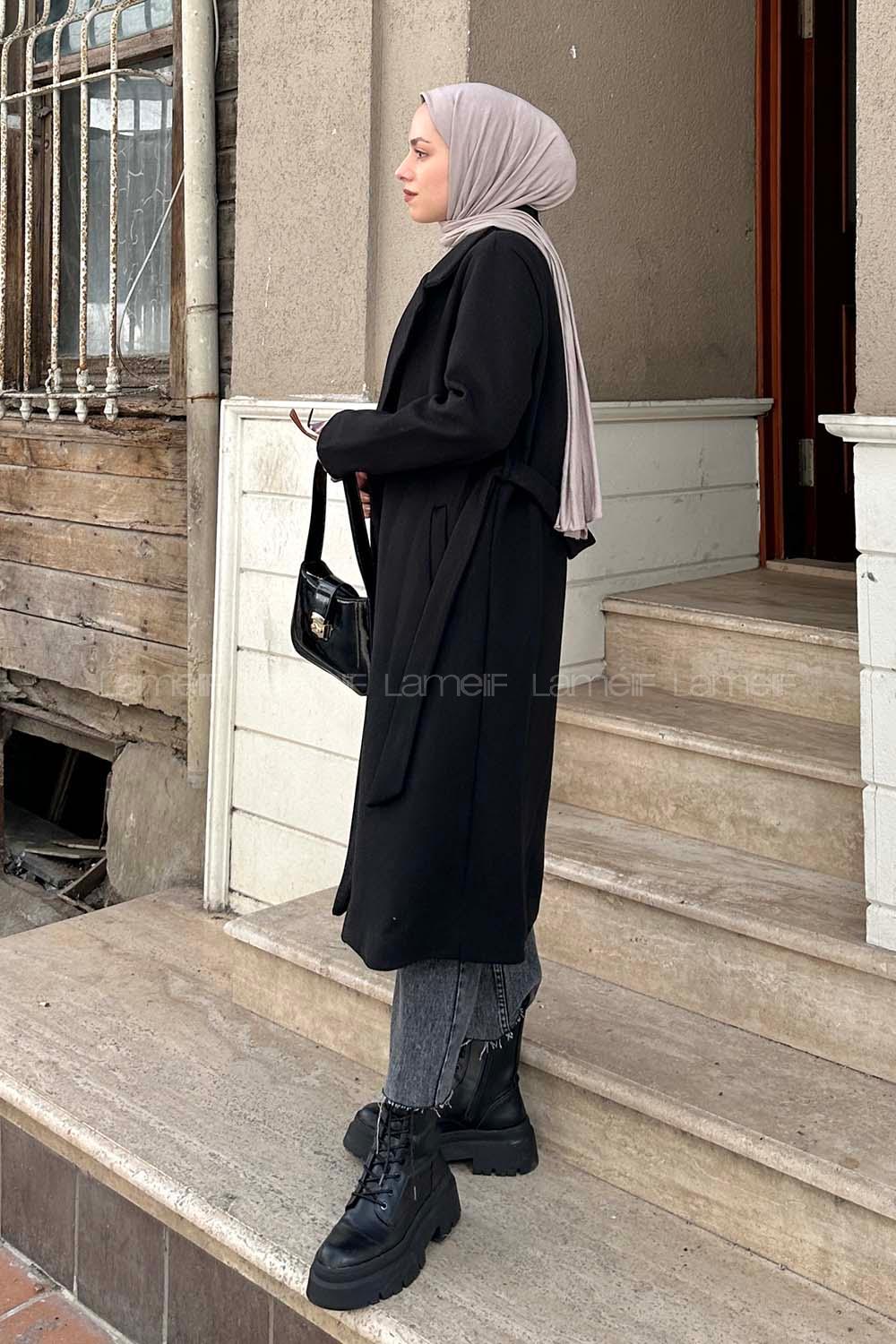 Lamelif Kuşak Bağlama Detaylı Kaşe Kaban Siyah