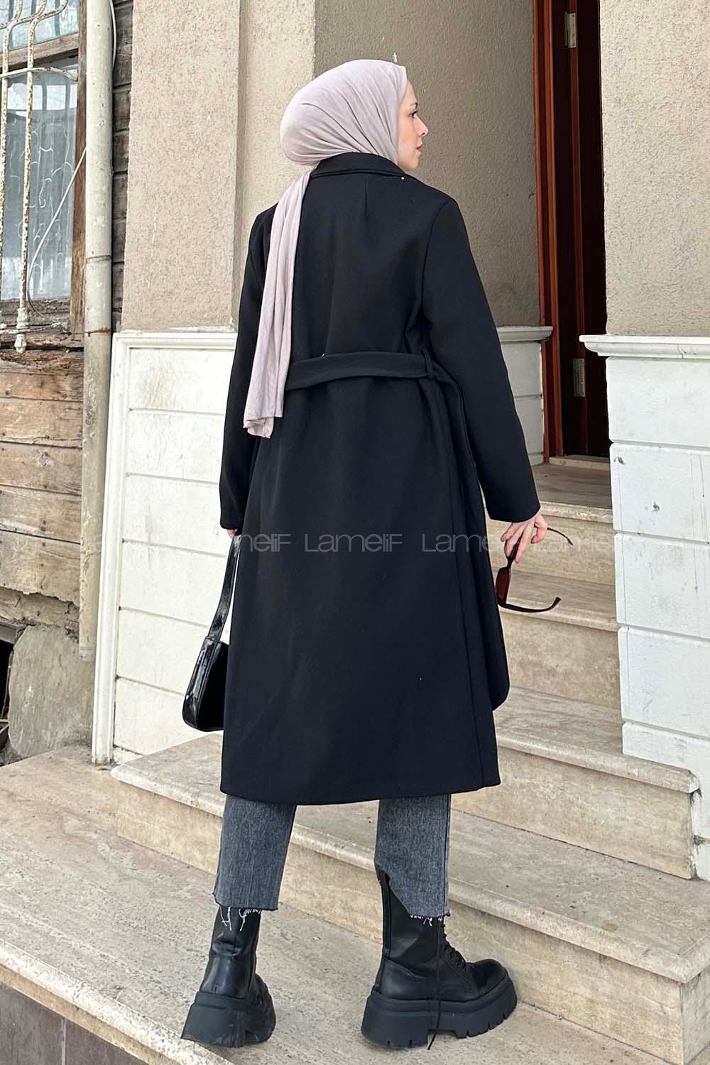 Lamelif Kuşak Bağlama Detaylı Kaşe Kaban Siyah