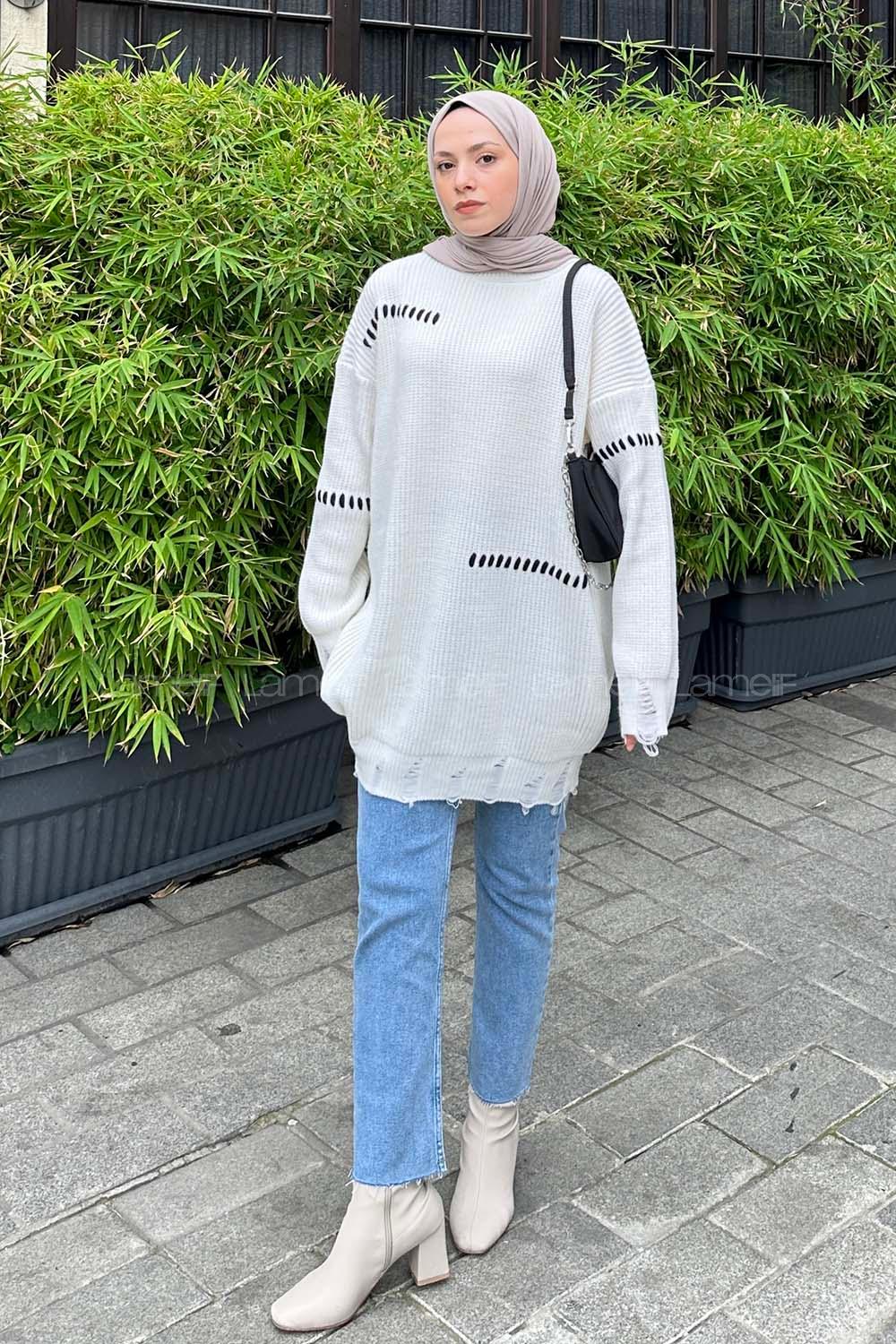 Lamelif Bisiklet Yaka Triko Kazak Beyaz