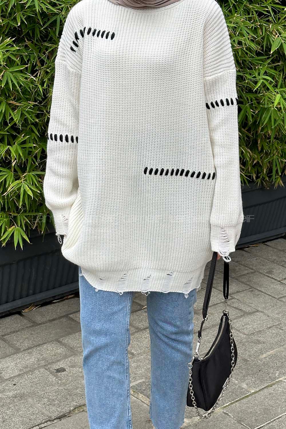 Lamelif Bisiklet Yaka Triko Kazak Beyaz