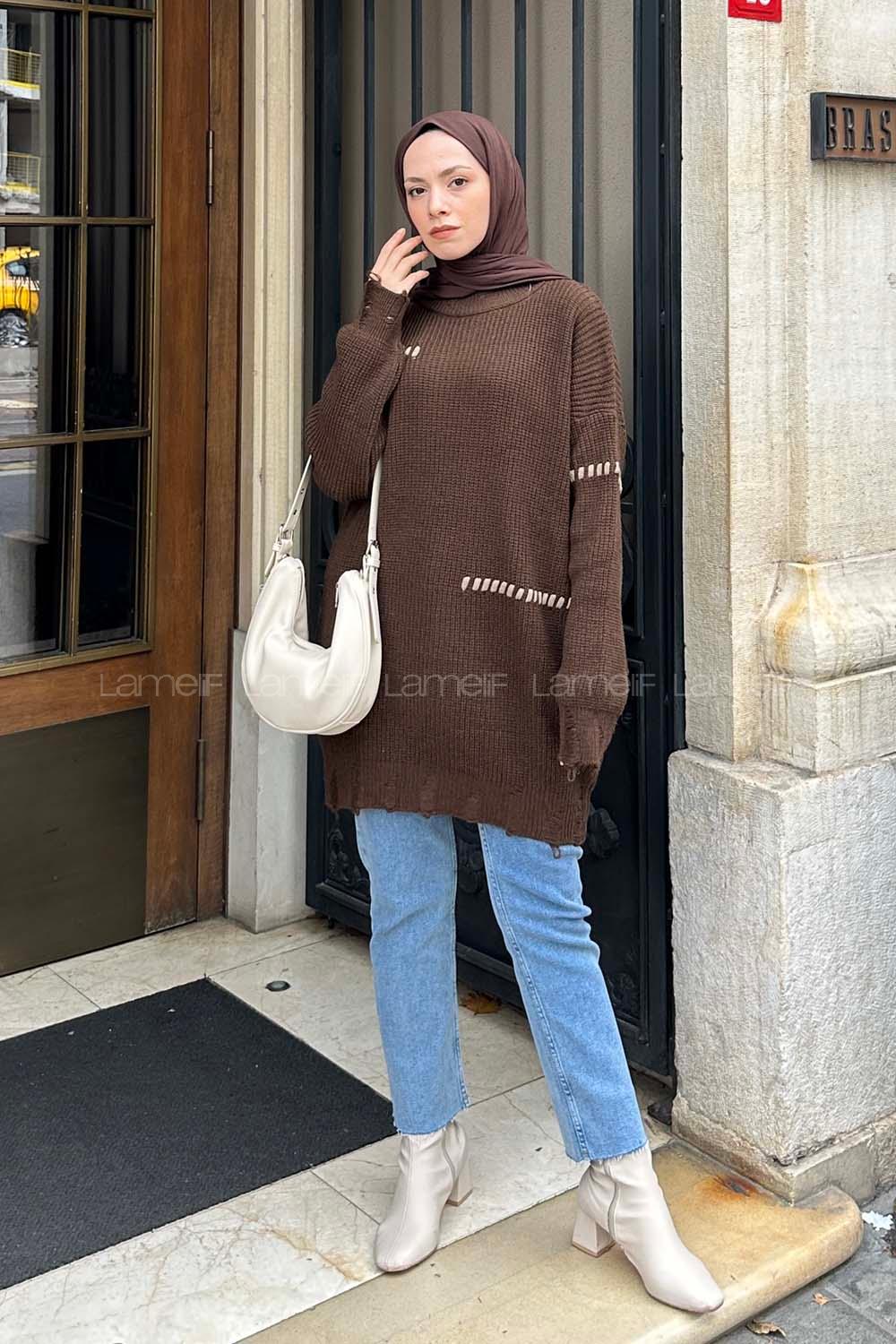 Lamelif Bisiklet Yaka Triko Kazak Kahverengi