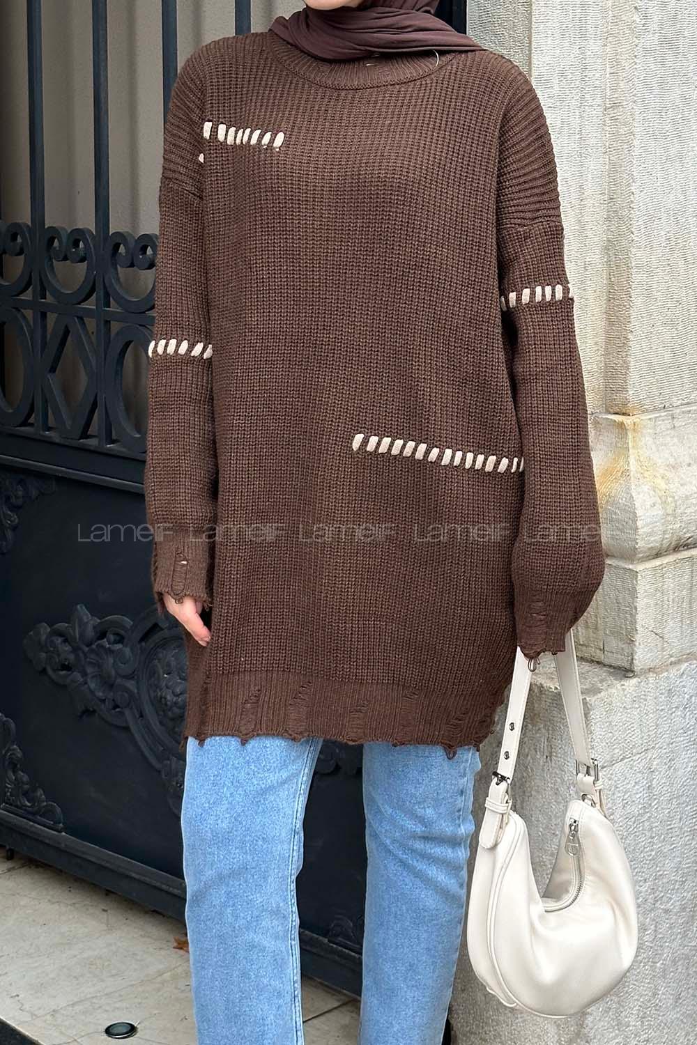 Lamelif Bisiklet Yaka Triko Kazak Kahverengi