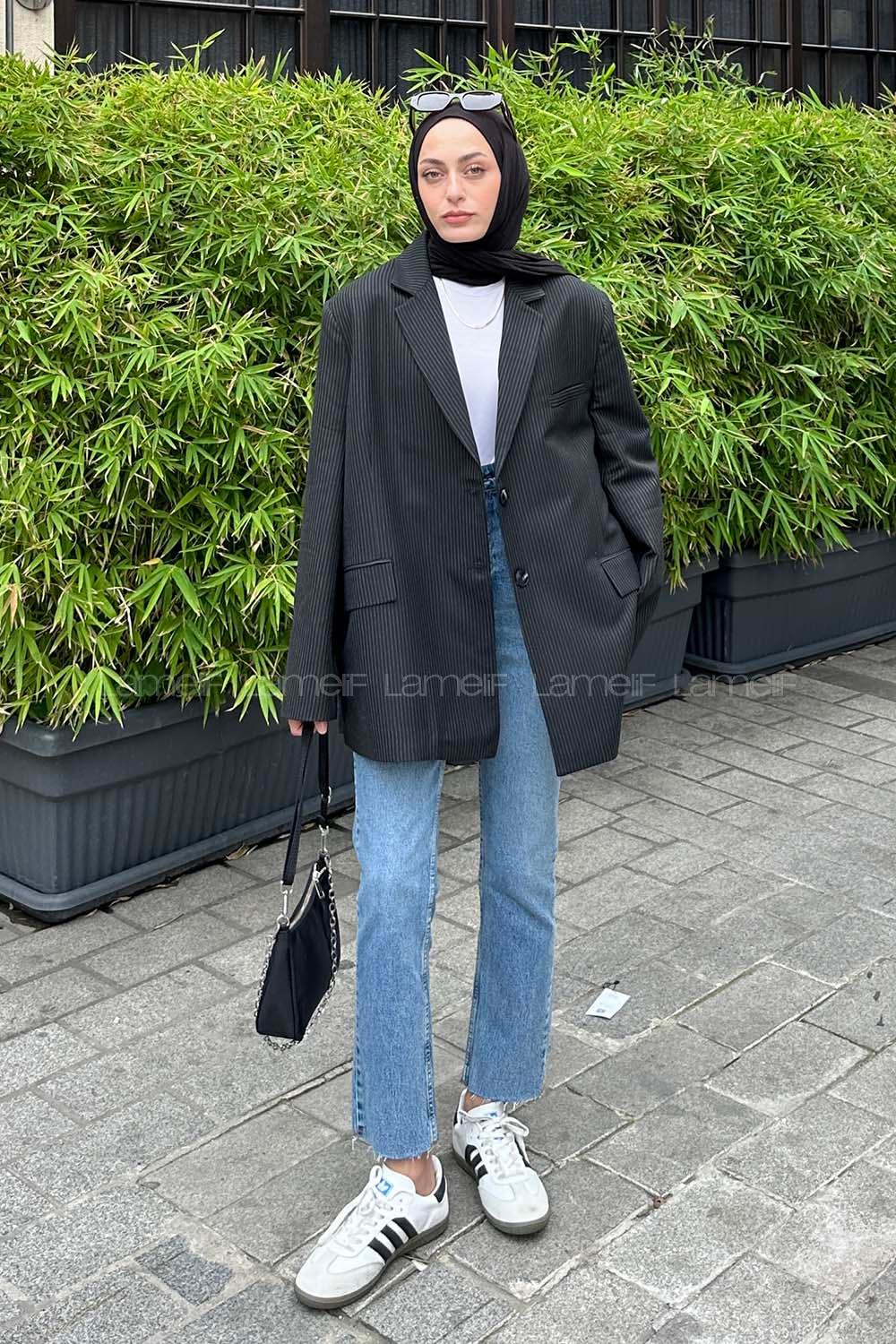 Lamelif Çizgili Blazer Ceket Siyah