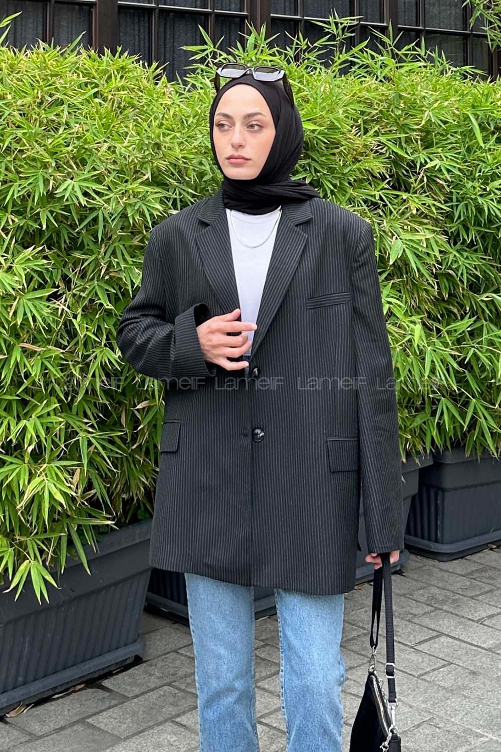 Lamelif Çizgili Blazer Ceket Siyah