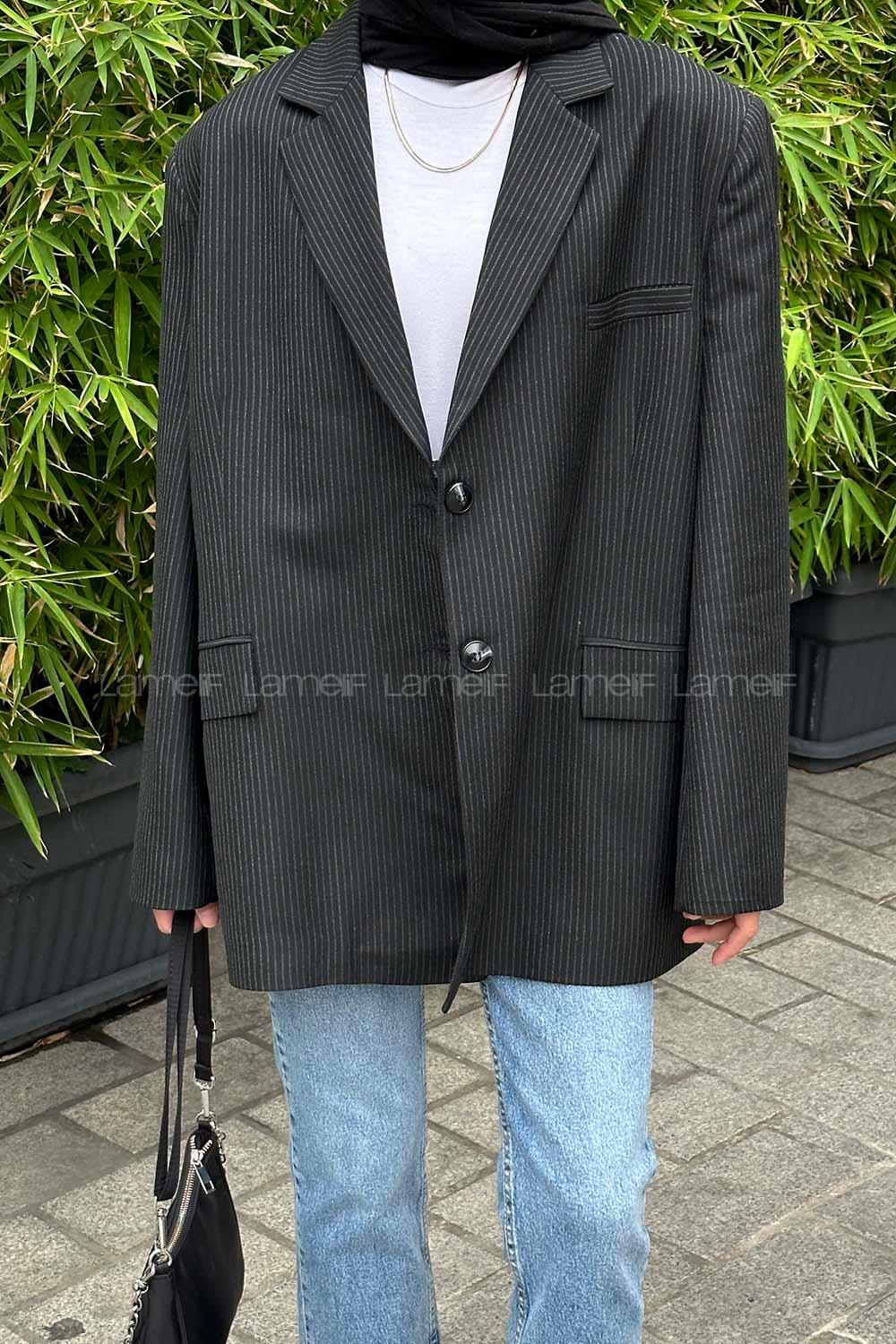 Lamelif Çizgili Blazer Ceket Siyah