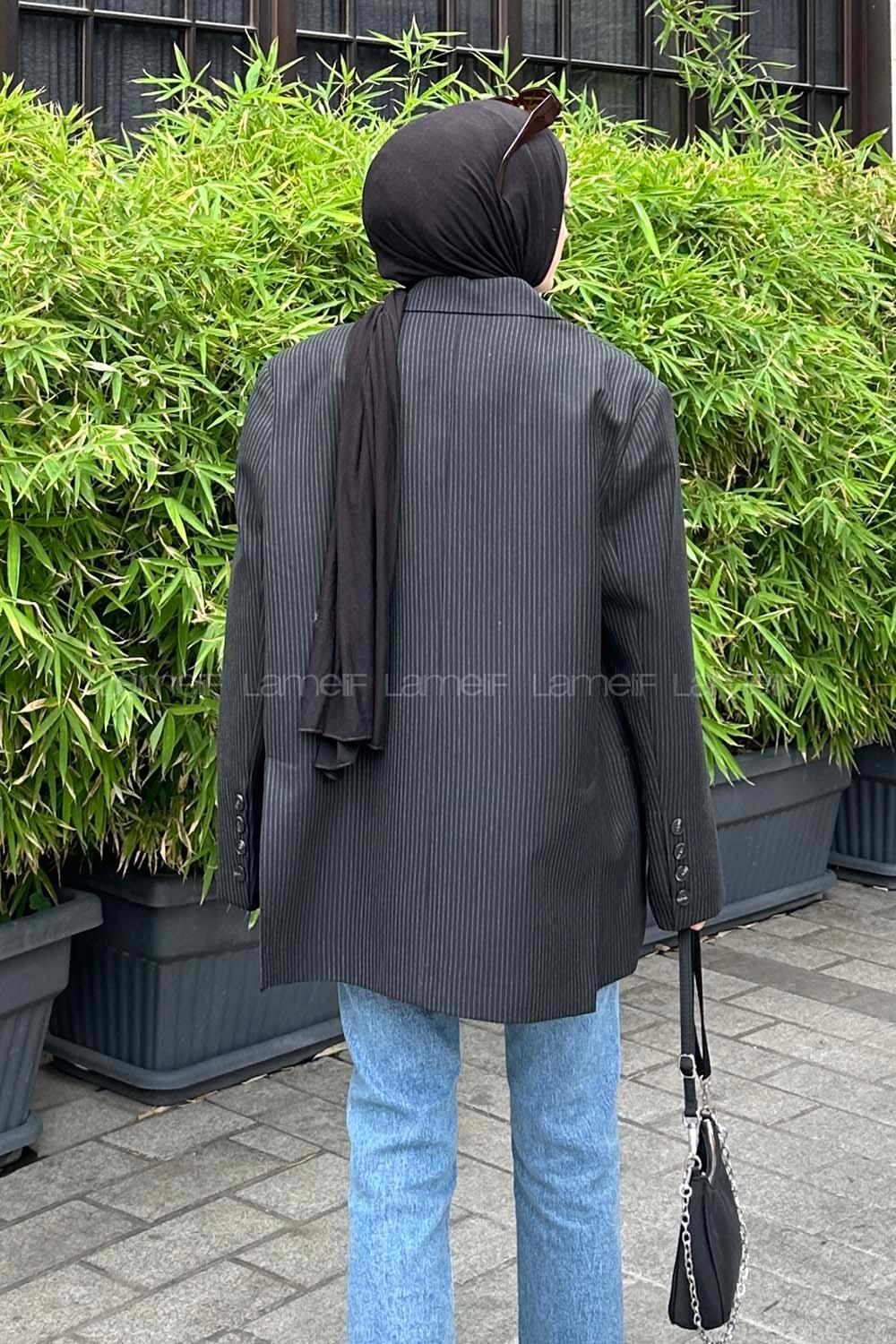Lamelif Çizgili Blazer Ceket Siyah