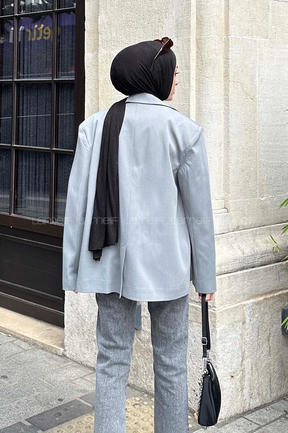 Lamelif Kapak Cep Blazer Ceket Gri