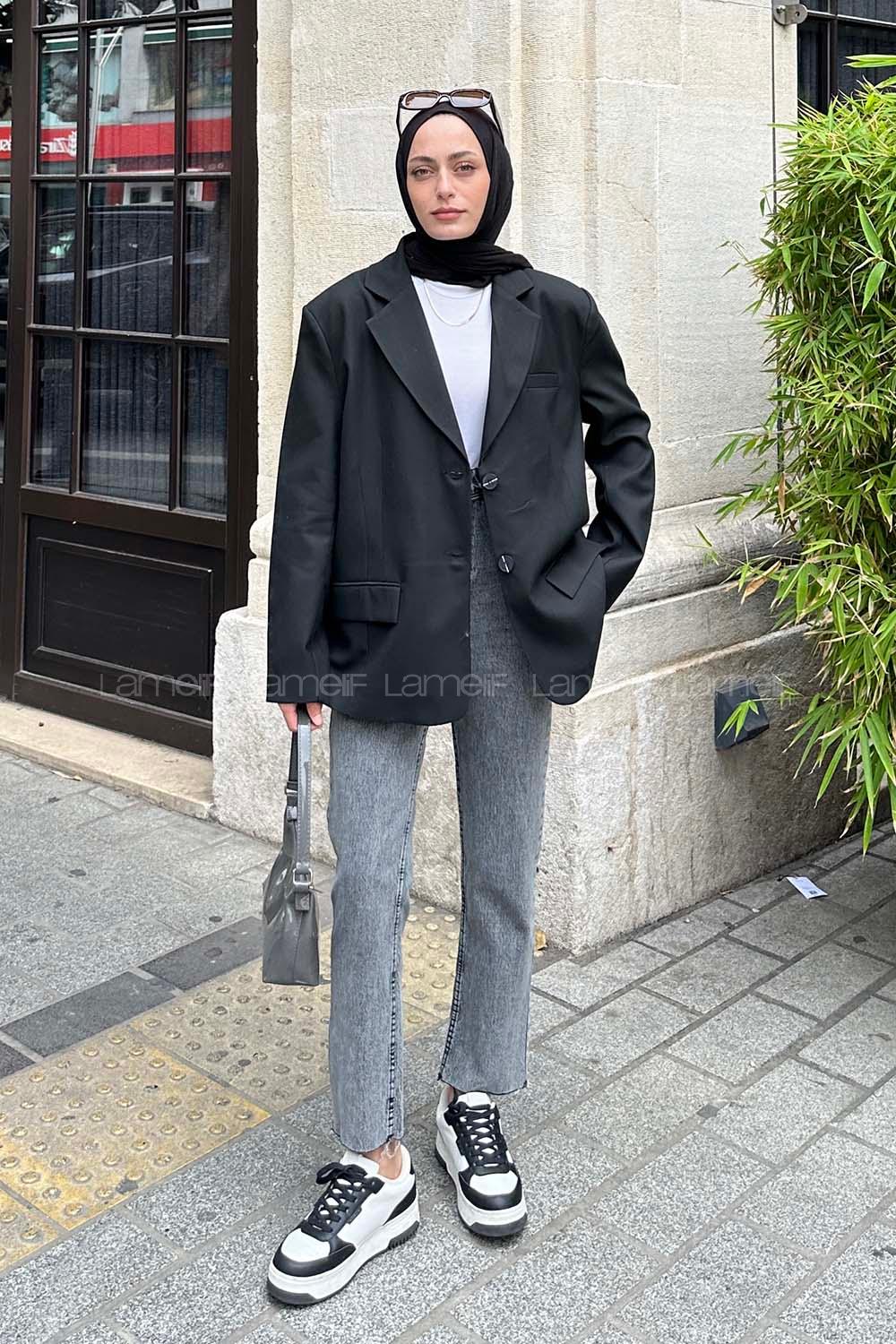 Lamelif Kapak Cep Blazer Ceket Siyah