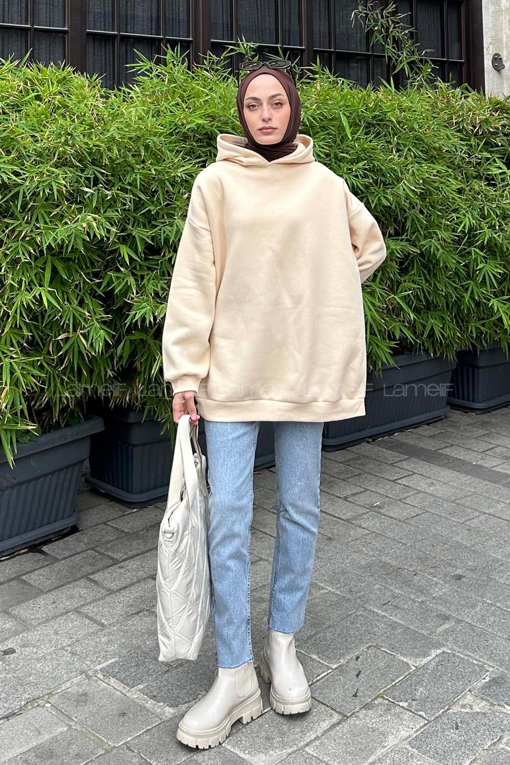 Lamelif Kapüşonlu Salaş Sweatshirt Krem