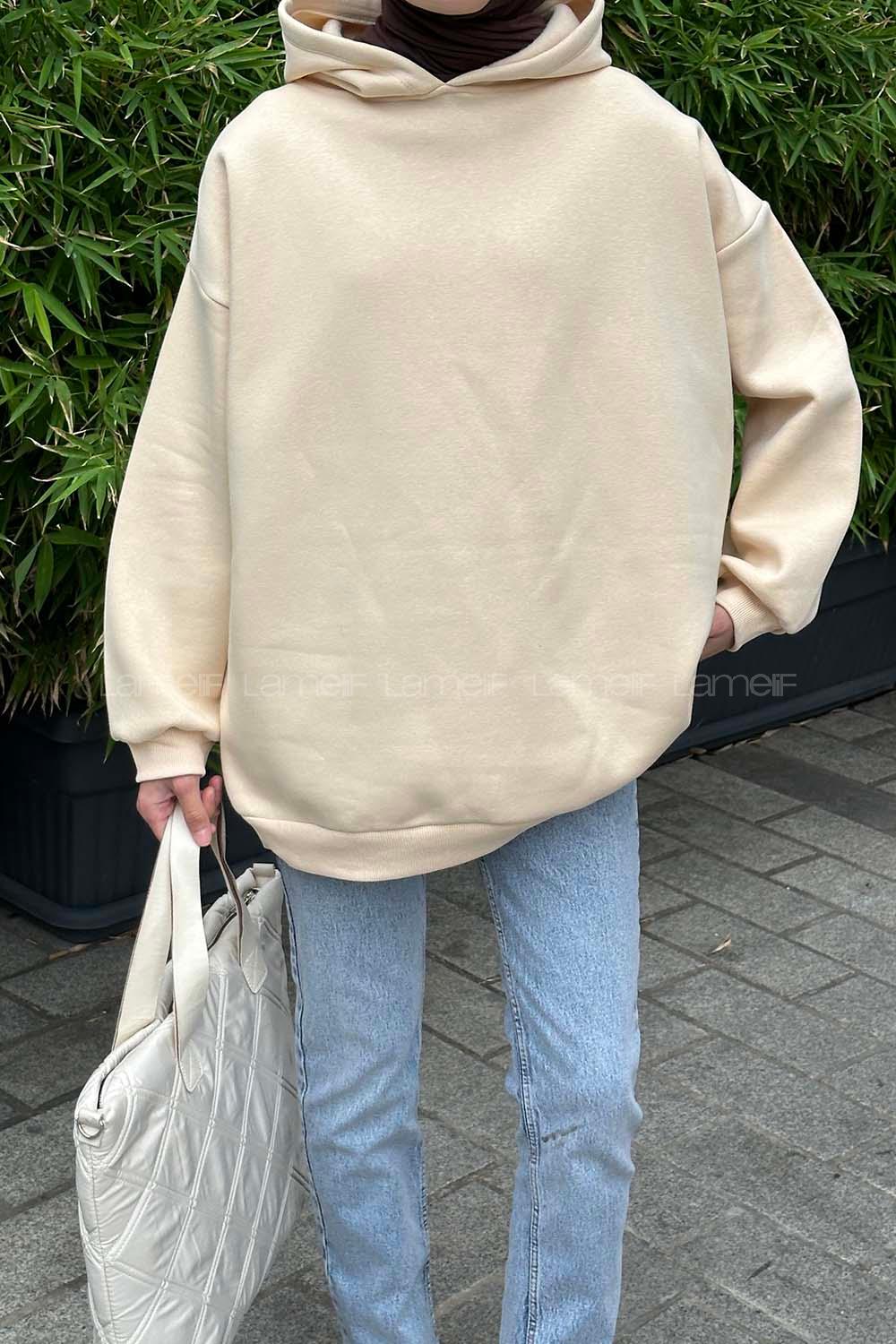 Lamelif Kapüşonlu Salaş Sweatshirt Krem