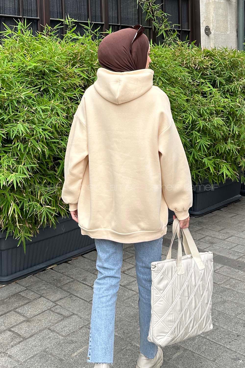 Lamelif Kapüşonlu Salaş Sweatshirt Krem