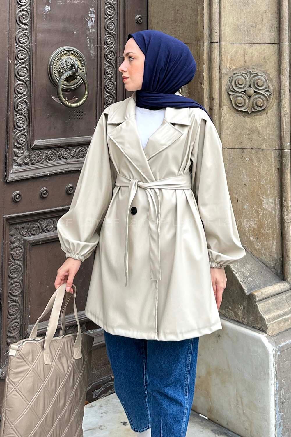 Lamelif Kruvaze Yaka Deri Mont Taş