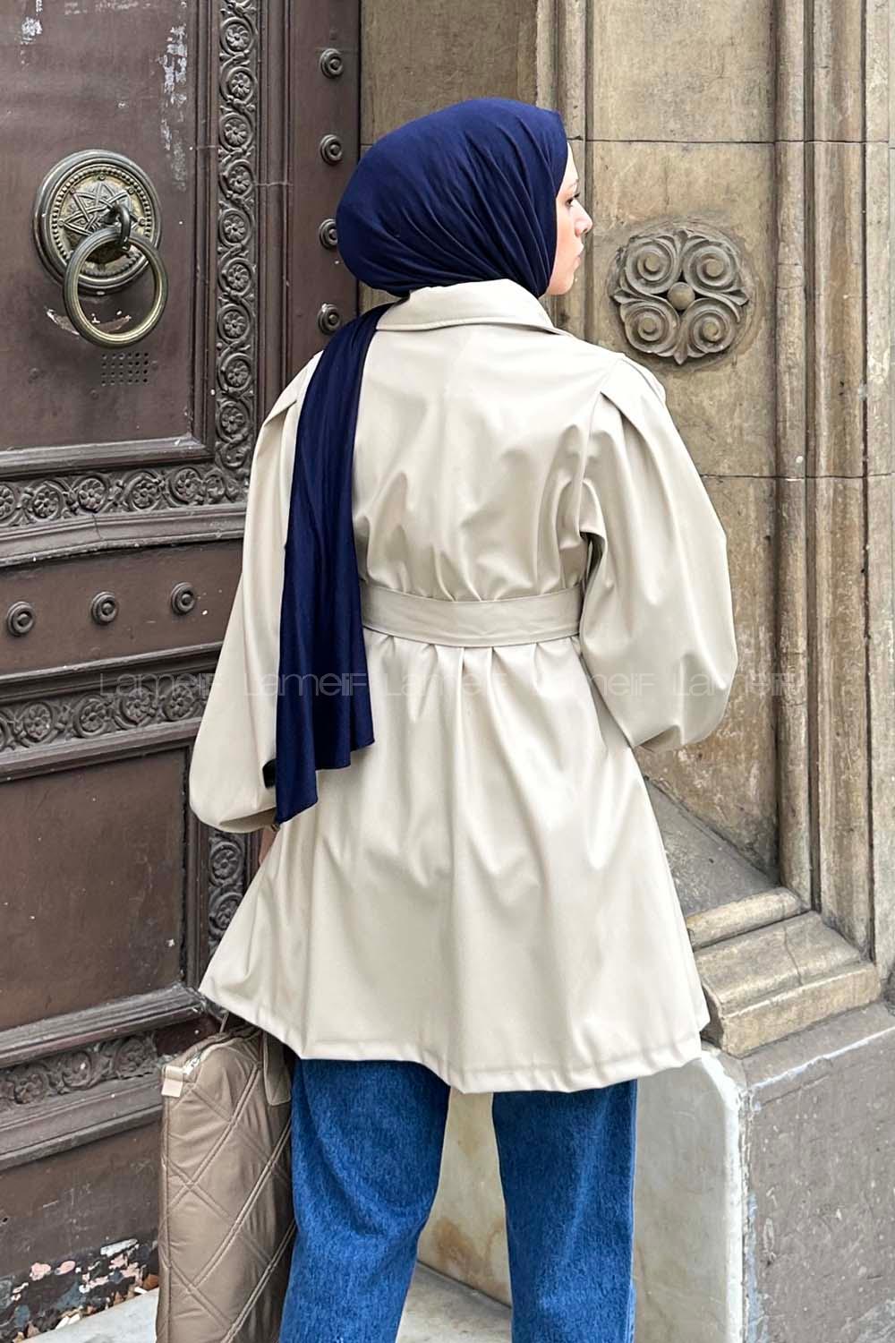 Lamelif Kruvaze Yaka Deri Mont Taş