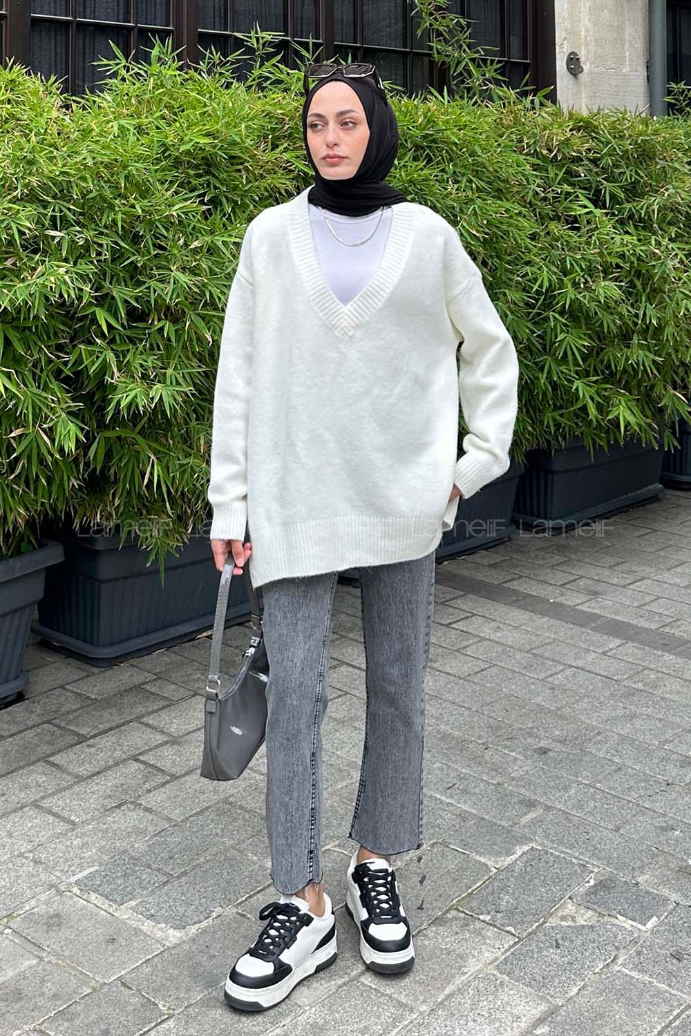 Lamelif Massimo V yaka Triko Kazak Beyaz