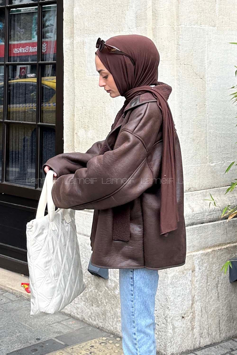 Lamelif Süet Düğmeli Mont Acı Kahve