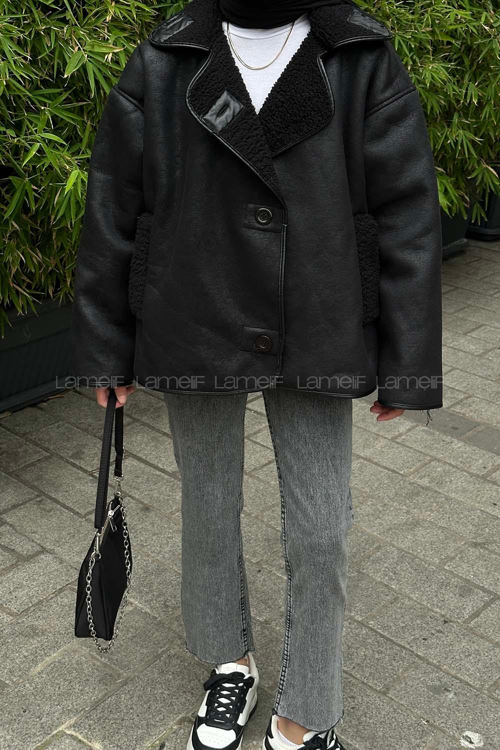 Lamelif Süet Düğmeli Mont Siyah