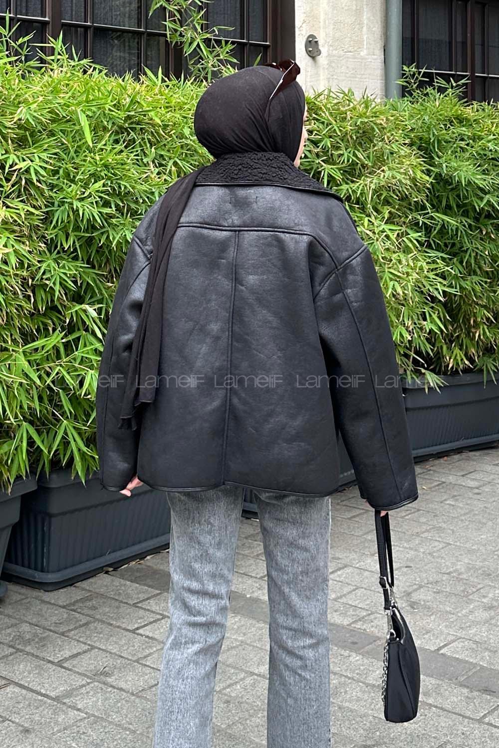 Lamelif Süet Düğmeli Mont Siyah