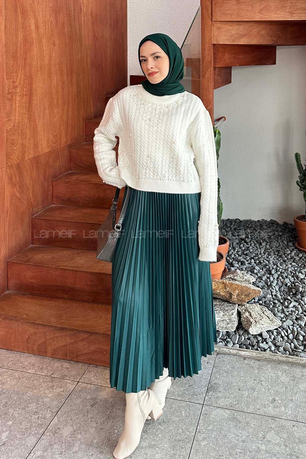 Lamelif İnci Detaylı Triko Kazak Beyaz