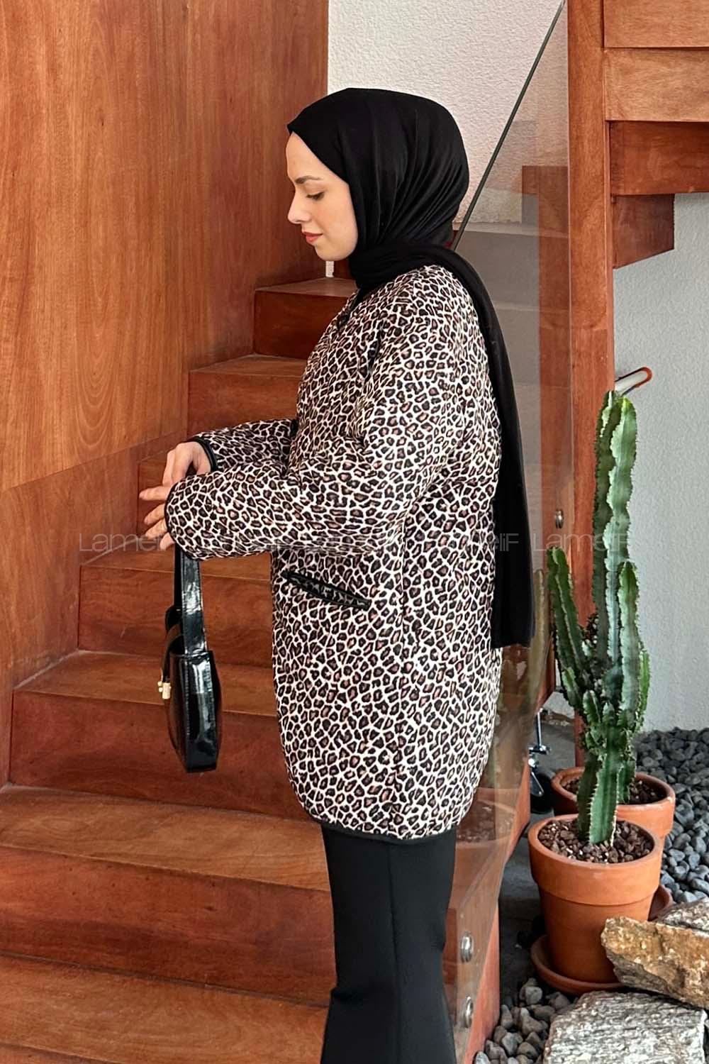 Lamelif Kapitone Çoban Mont Leopar Desenli